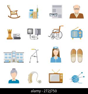 Elderly care in nursing home decorative icons set of wheelchair crutch tonometer medication board games isolated elements flat vector illustration Stock Vector