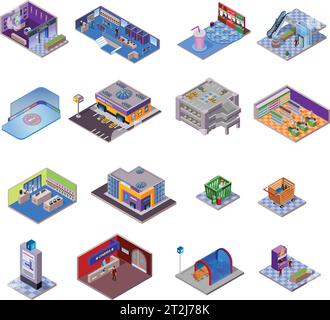 Shopping mall objects set with different departments and related elements on white background isolated isometric vector illustration Stock Vector