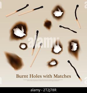 Paper with set of burnt holes and matches abstract vintage background in realistic style vector illustration Stock Vector