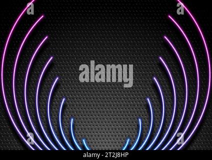 Neon wavy round shapes on dark perforated background. Futuristic blue purple laser rays abstract vector design Stock Vector