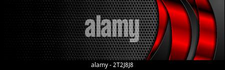 Red and black abstract technology glossy wavy banner with perforated texture. Vector background Stock Vector