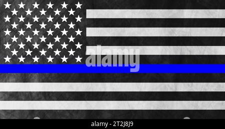 Grunge black concept USA flag with blue stripe. American police force sign vector abstract background Stock Vector