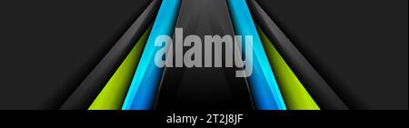 Blue and green glossy stripes on dark abstract background. Vector banner design Stock Vector