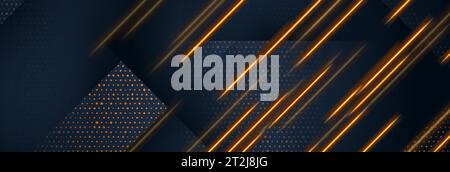 Abstract tech geometric background with glowing neon lines and golden shiny dots. Vector banner design Stock Vector