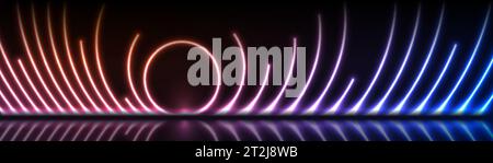 Blue and orange neon laser circles with reflection. Abstract technology retro background. Futuristic glowing vector design. Stock Vector