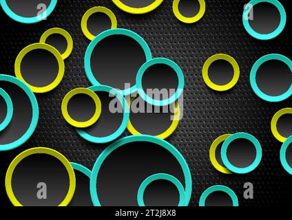 Cyan and green abstract circles on dark perforated background. Technology vector design Stock Vector