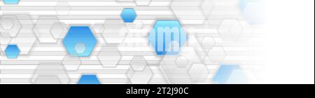 Blue and grey hexagons abstract tech background. Geometric vector banner design Stock Vector