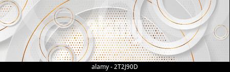 Shiny geometric abstract grey background with circles and golden dots. Vector banner design Stock Vector