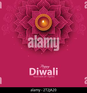 Indian festival Happy Diwali celebration background. Top view of banner design decorated with illuminated oil lamps on patterned background. abstract Stock Vector