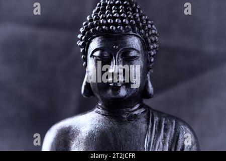 Meditating Buddha Statue on dark background. Soft focus. Close up. Copy ...