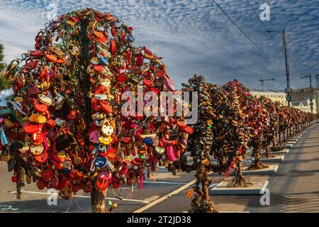 24th September 2015, Moscow, Russia. Tree with the locked wedding locks on the Bridge of Love. Stock Photo