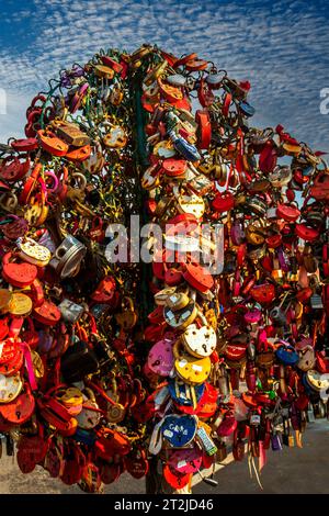 24th September 2015, Moscow, Russia. Tree with the locked wedding locks on the Bridge of Love. Stock Photo