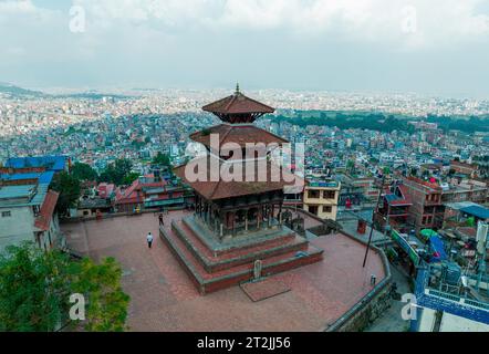 Aerial view of Uma Maheshwar Temple, Kirtipur, Nepal. Kathmandu. Palaces and buildings. Terraces and homes, city streets. 10-13-2023 Stock Photo