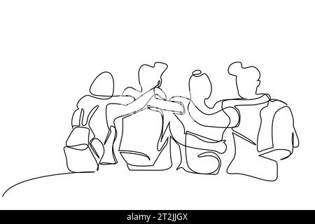 young female male people team teamwork students hugging walking outside posing happy full body length line art Stock Vector