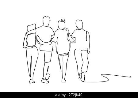 young female male people team teamwork students hugging walking outside posing happy full body length line art Stock Vector