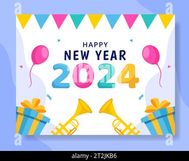 Happy New Year Photocall Illustration Flat Cartoon Hand Drawn Templates Background Stock Vector