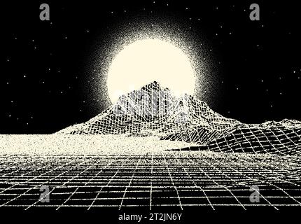 Retro dotwork landscape with 80s styled sun, grid mountains and stars background from old sci-fi book or poster. Stock Vector