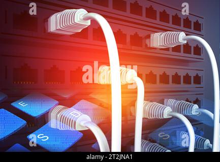 Network cables connected to data center. Telecommunication background. 3d illustration Stock Photo