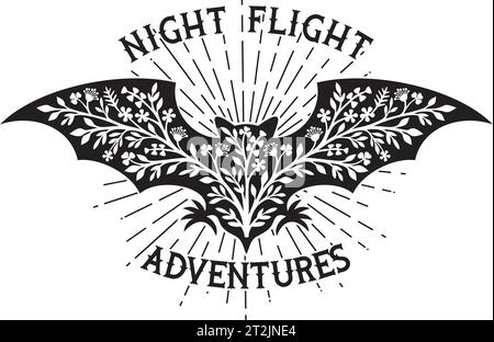 Night Flight Adventures. Floral Bat Black and White. Vector Illustration. Stock Vector