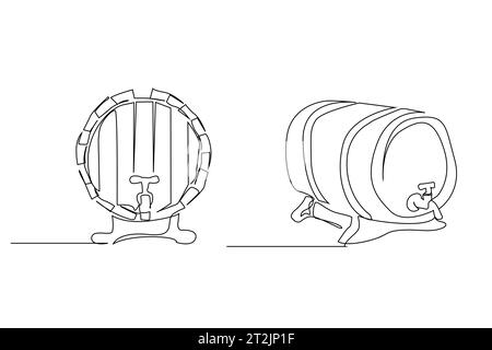 alcohol beverage wooden barrel faucet line art Stock Vector