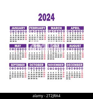 Simple Calendar for 2024 year. Week starts from Monday. Vector Illustration Stock Vector