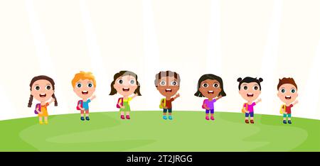 little students kids backpackers say goodbye say goodbye hello arms raise hands friends primary school nursery kindergarten outside nature park banner Stock Vector