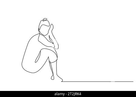 woman sitting sad unhappy line art design Stock Vector