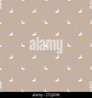 seamless pattern of ducks with ducklings on a beige background. elegant pattern for printing on children's fabrics in a rustic boho style. pattern for Stock Photo