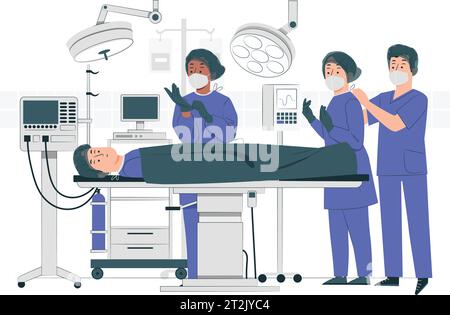 Surgeons team surrounding patient on operation table flat vector illustration. Cartoon medical workers preparing for surgery. Medicine and technology. Stock Vector