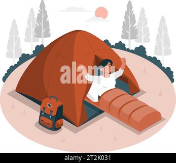 Overnight in tent when at campground, wake up early to see sunrise, camping vector illustration. Stock Vector