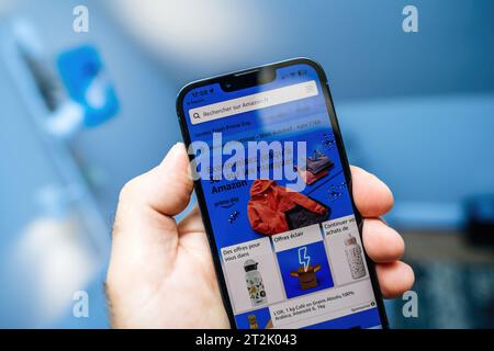 Paris, France - Jul 12, 2023: Save up to 30 percent on Amazon brand items with a 'Prime Day' message displayed on the Apple Computers iPhone 15 Pro Stock Photo