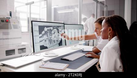 Engineer Doing 3D CAD Model Design On Computer At Factory Stock Photo
