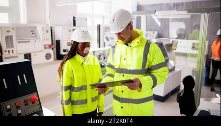 Factory Engineers In Helmets. Checking Industrial Facility Stock Photo