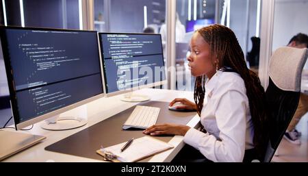 Software Programmer Or Coder Woman Using Office Computer Stock Photo