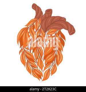 Vector clipart of a illnes autumn human heart made of leaves isolated from background. Unhealthy lifestyle. Diseased organ transplant Stock Vector