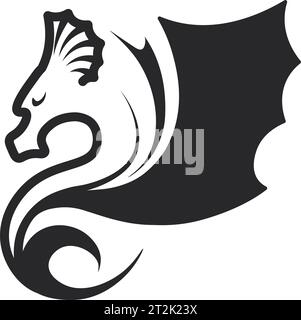 Dragon with wings, large reptilian creature isolated icon. Folklore and mythology of cultures. Black and white animal breathing fire and flames. Monoc Stock Vector