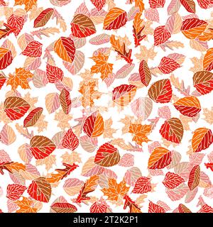 Vector hand drawn seamless pattern of fall leaves of birch, oak, maple, ash trees Stock Vector