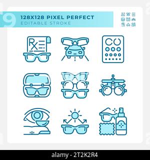 2D customizable pixel perfect blue eye care icons Stock Vector