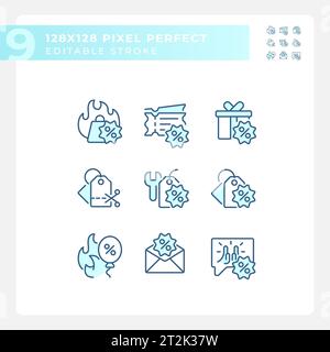 Set of editable pixel perfect blue discounts icons Stock Vector