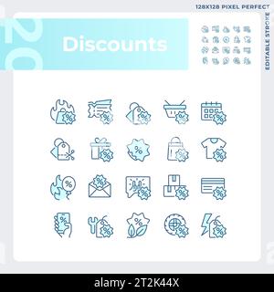 Editable pixel perfect blue discounts icons set Stock Vector