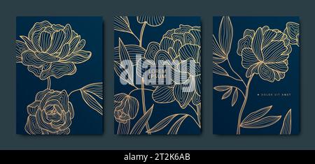 Vector golden roses, peonies art deco patterns. Line flowers texture covers. Luxury black line flyers, brochures, package design, social media post Stock Vector