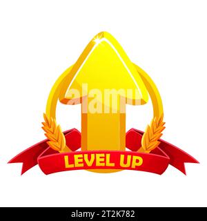 Game level up badge icon. Vector bonus rank reward emblem with golden raising arrow and award ribbon Stock Vector