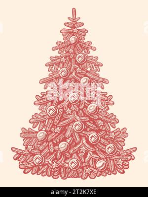 Fir tree decorated with lights and balls in retro style. Merry Christmas and Happy New Year. Hand drawn sketch vector Stock Vector