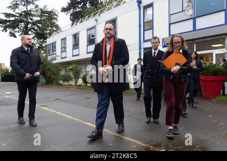 Bondy, France. 20th Oct, 2023. French Minister of Health and Prevention Aurelien Rousseau visits the secondary school College-Lycee Jean Renoir in Bondy (Seine-Saint-Denis), near Paris, France, on October 20, 2023, as part of the national human papillomavirus (HPV) vaccination campaign. Aurelien Rousseau used to teach history at the Jean Renoir school when he was a teacher. Photo by Raphael Lafargue/ABACAPRESS.COM Credit: Abaca Press/Alamy Live News Stock Photo