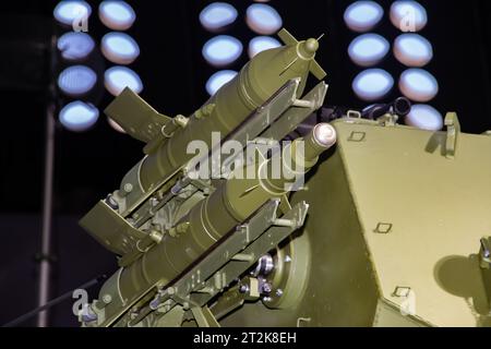 Modern sophisticated air defense missile system and rockets on self propelled launching weapon, exposed at arms international weapons fair in Belgrade Stock Photo