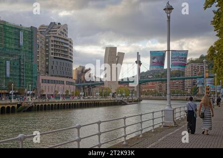 BILBAO, SPAIN, September 26, 2023 : Walkways along Nervion river in the new districts of the city of Bilbao. Stock Photo