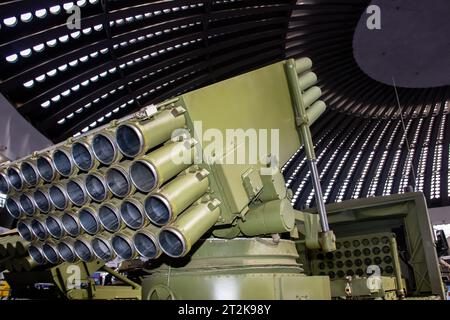 Multi-barrel rocket launcher (MRL) or multiple launch rocket system (MLRS) with32 launch tubes of caliber 128 mm, war military equipment, Stock Photo