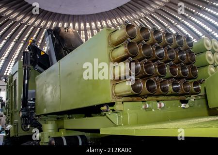 Multi-barrel rocket launcher (MRL) or multiple launch rocket system (MLRS) with32 launch tubes of caliber 128 mm, war military equipment, Stock Photo