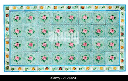 Rows of antique Nyonya Tiles with pink roses with green background. Vintage wall tile in penang. Stock Photo