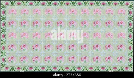 Rows of antique Nyonya Tiles with pink flowers with green background. Vintage Baba and Nyonya style floral tile pattern in penang. Traditional Peranak Stock Photo